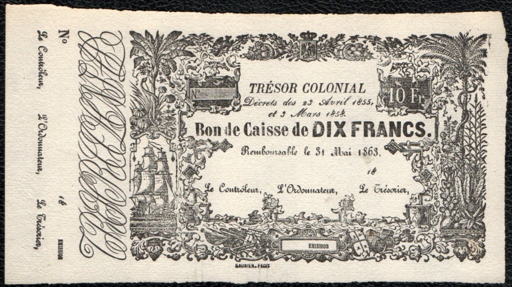 10F TRESOR 1858 Epreuve inédite non-émis - Correspond aux Antilles en attendant que la Banque de la Guadeloupe créée en même temps que celle du Sénégal émette ses billets