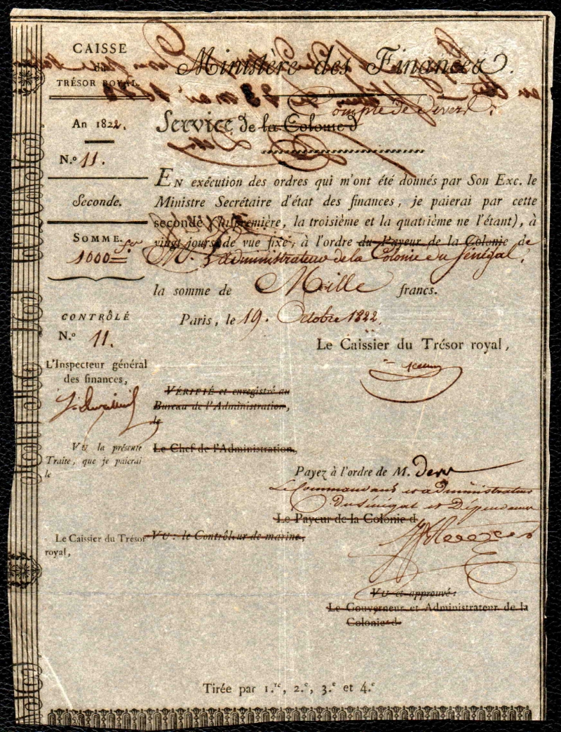 Traite du Trésor royal pour la Colonie du Sénégal 1822 / Bank draft for the royal Tresury for Sénégal Colony