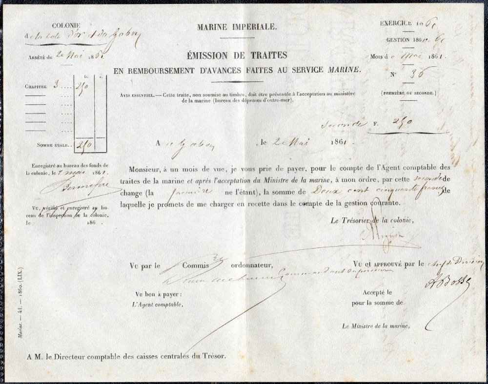 Traite de la Marine pour la Colonie de la Côte d’Or et du Gabon, payée à Grand-Bassam en 1861 / Bank draft for imperial Navy in Gold Coast and Gabon, paid in Grand-Bassam in 1861