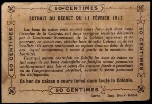50c Filigrane feuilles / Watermark leaves Revers / Back- Mention GOREE Imp. Gouvt Génal 26mm