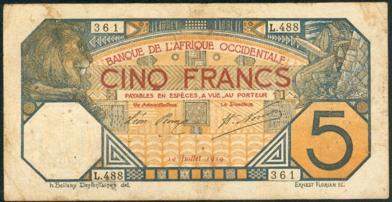 SANS ORIGINE 10/07/1919 Probablement une émission officielle plutôt qu’un oubli. En 1919, au vue du nombre de coupures en cours la pose des cachets devait être fastidieuse et les derniers exemplaires mis en circulation ont dû en être exemptés / w/o CITY of ISSUE 10/07/1919 Probably an official issue instead of a mistake. A few exemplars without stamp exist, all of this date: probably in 1919 with the higher demand the last notes in bank avoided a time consuming operation of stamping and were let like this