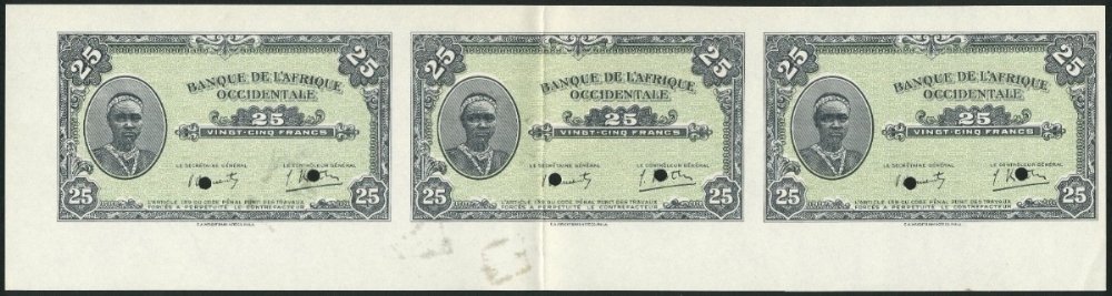 Bande de 3 25F perforés non numérotés pour spécimen / Uncut 3 perforated 25F notes for specimen use