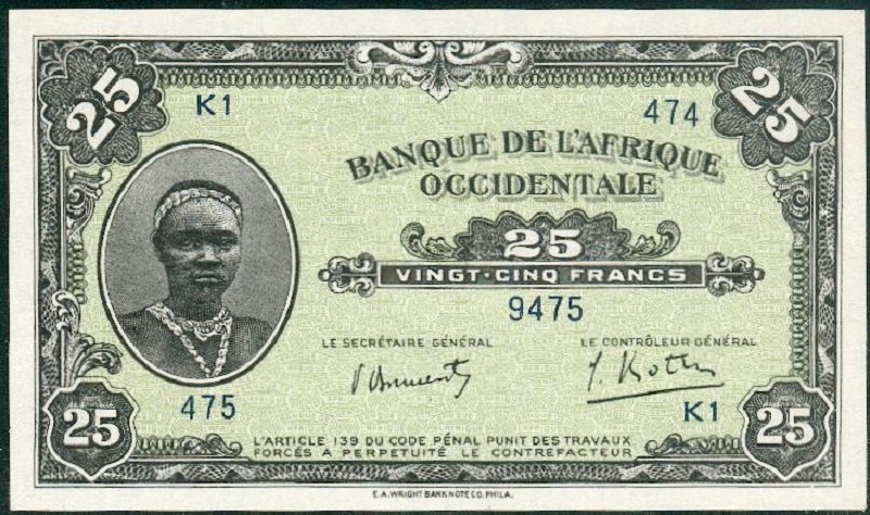 25F 1er type FAUTÉ n° 9475 . Le 5 n'est pas passé à droite, la roulette est restée au 4. Le système Banque de France est trop difficile à imprimer sur cette petite surface / 1st type #9475 mistake. 4 remained blocked on top right. French system is too hard to copy on this small surface