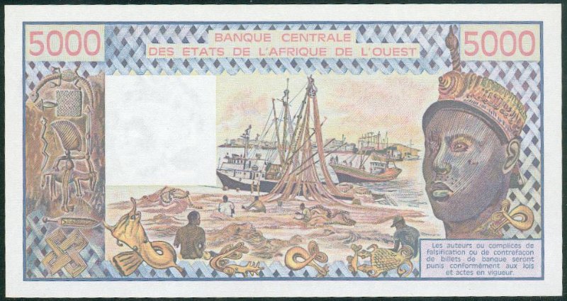 5000F Revers tiré d’une photo du port d’Abidjan. Notez l’apparition du poisson-scie / Port of Abidjan on back. Sawfish appears