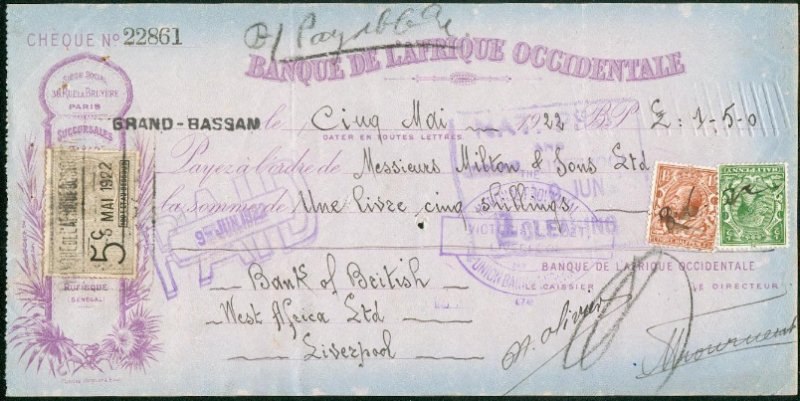 BAO Agence de GRAND-BASSAM 1922 – Grand cachet (le petit cachet existe aussi sur chèque) / Small stamp also exists