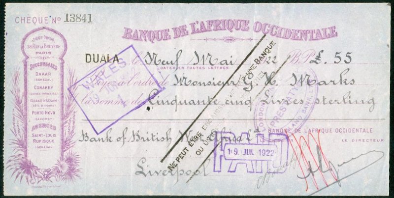 BAO Agence de DUALA 1922 – Même cachet utilisé pour les billets / Stamp used for notes too