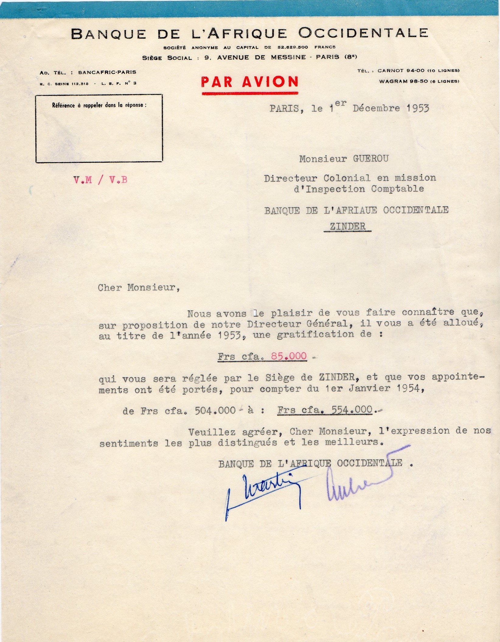 01/12/1953 Prime annuelle exceptionnelle de 17% du salaire et augmentation de 10%. C'était le bon temps!