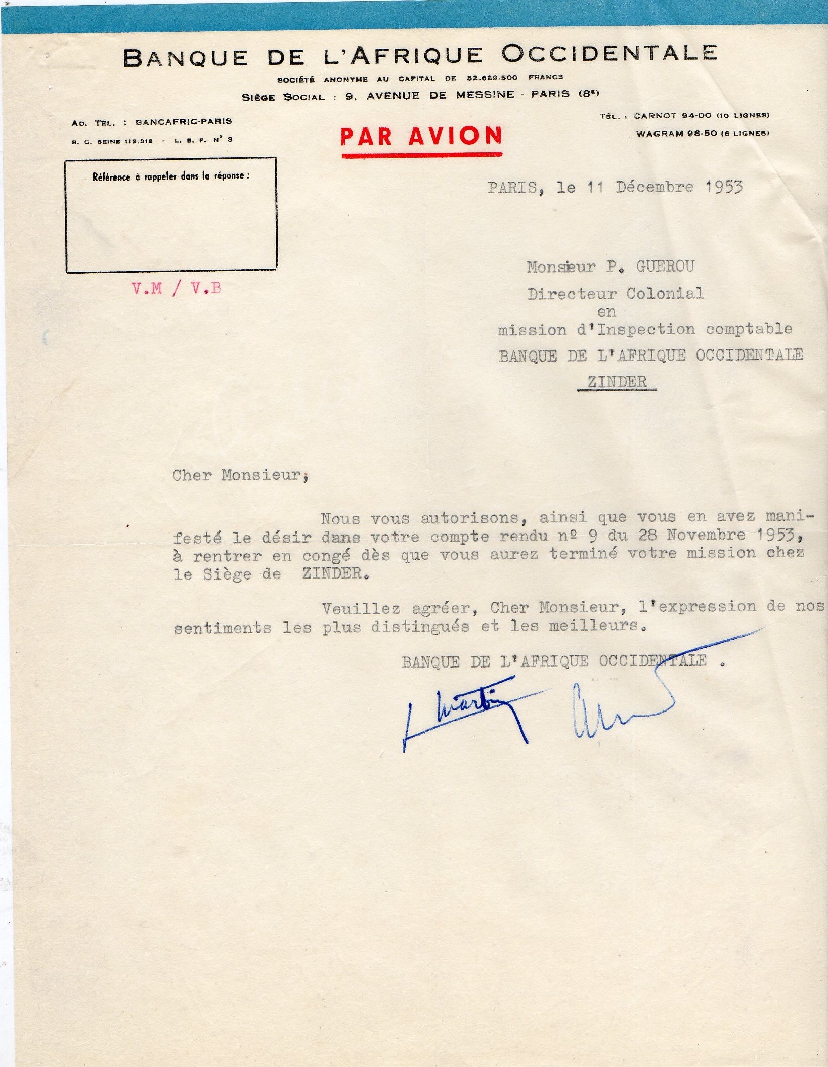 11/12/1953 Accord pour retour en France pour congé (soit après presque 2 ans sur place)