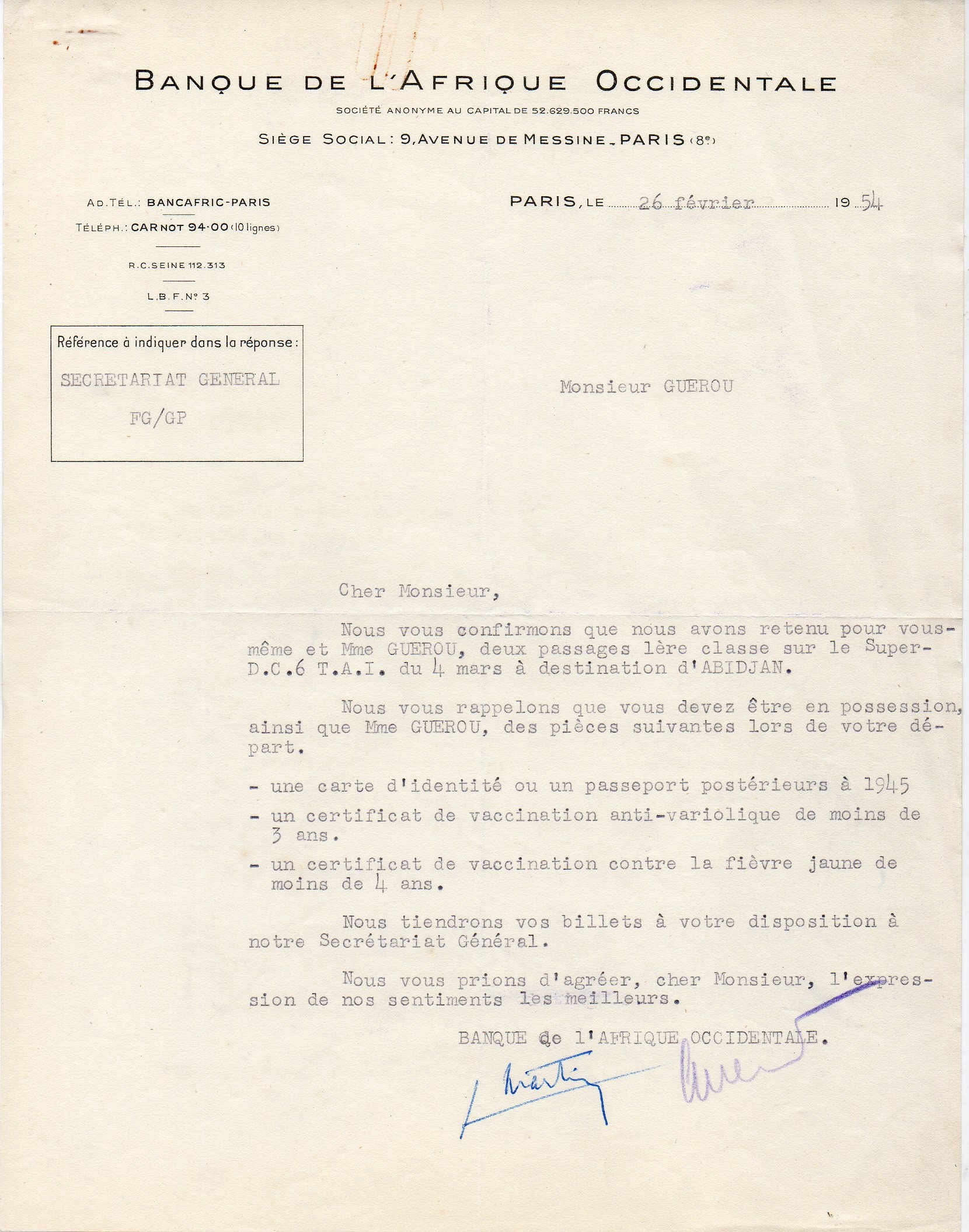 26/02/1954 Confirmation du vol départ