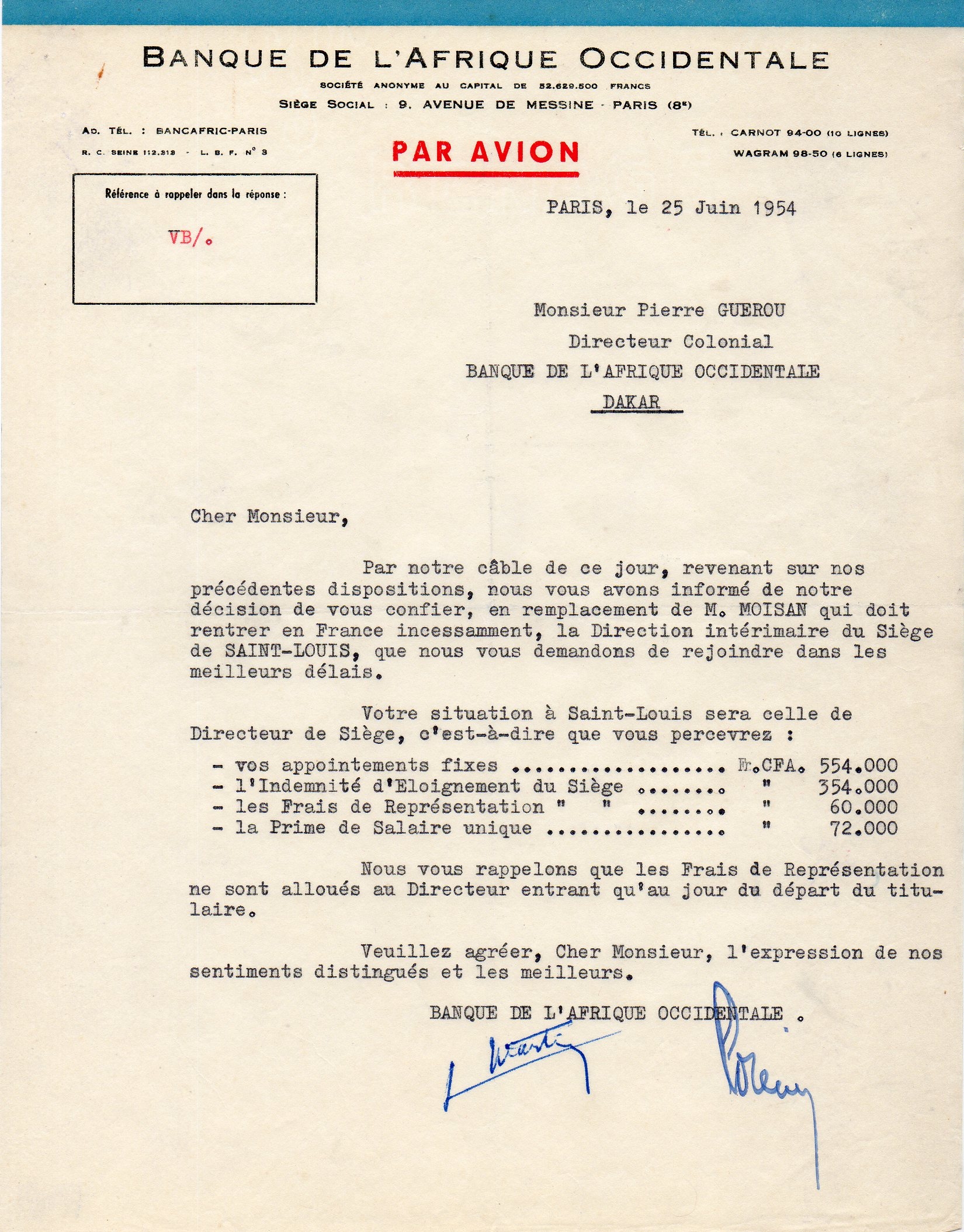 25/06/1954 Nomination à la Direction de SAINT-LOUIS - Avec augmentation substantielle