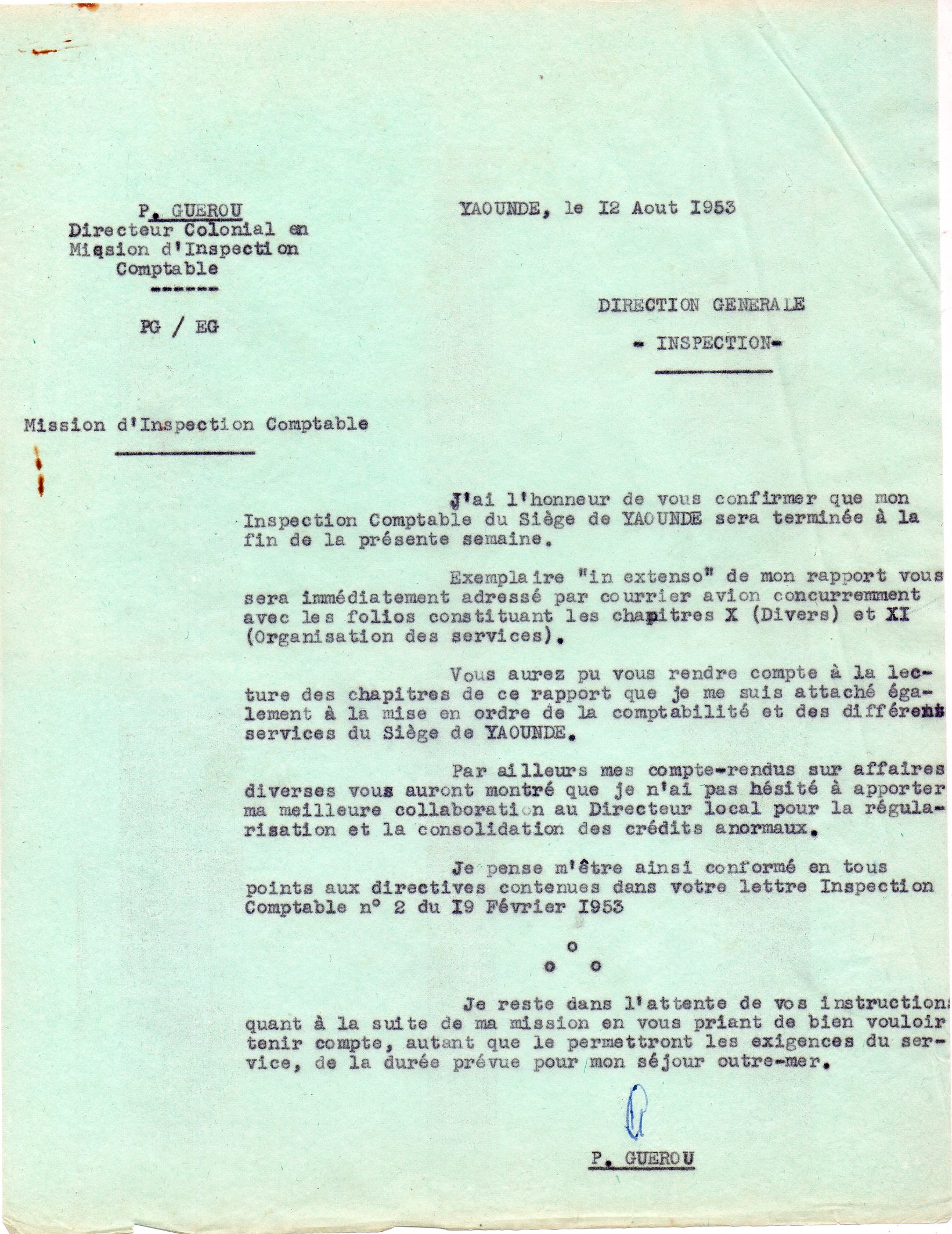 18/08/1953 Fin de Mission à YAOUNDE