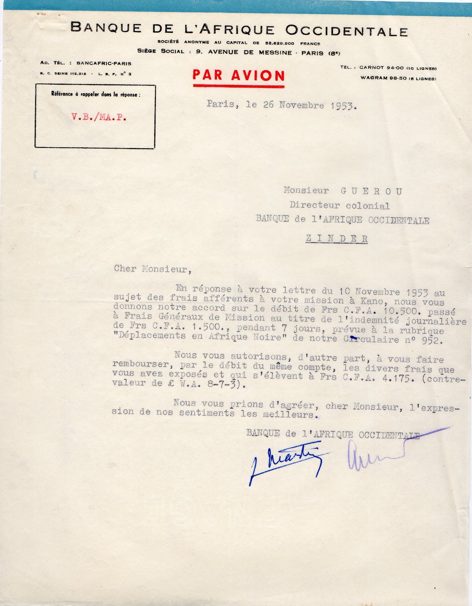 26/11/1953 Accord pour remboursement