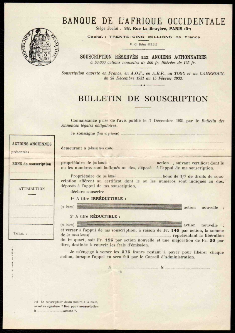 BAO 1931 Bulletin de souscription
